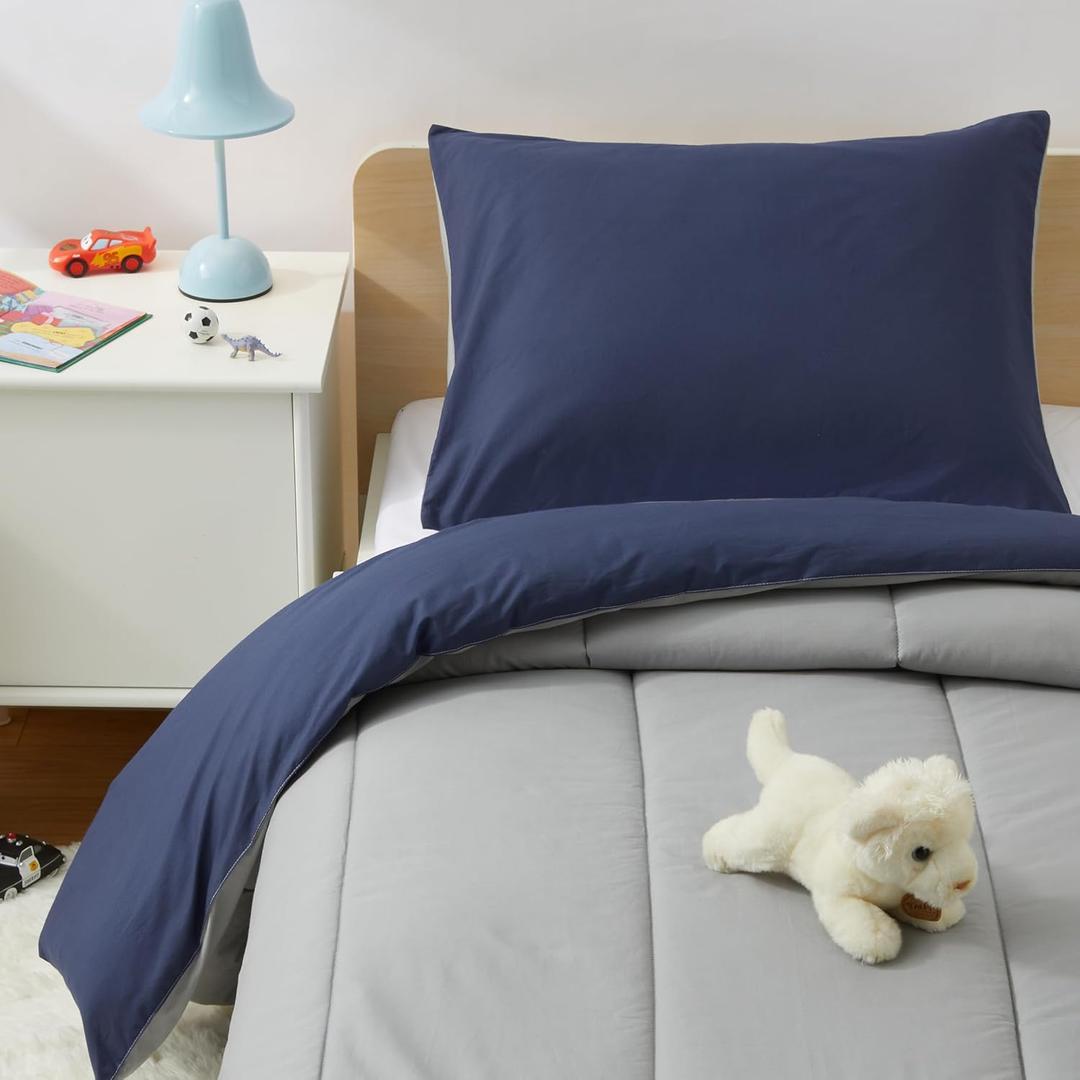 Amazon Basics Kids' 3 Piece Lightweight Cotton Shell Reversible Comforter Set with Sham, USCTP Certified Cotton Shell, Navy Blue and Grey, Solid (Twin)