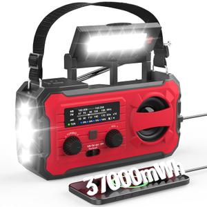 10000mAh Emergency Radio, NOAA Weather Radio with AM/FM, 37000mWh Rechargeable Phone Power, USB/Solar/Hand Crank Charging, LED Flashlight, SOS Alarm, Reading Lamp for Indoor/Outdoor Emergencies (Red-Black)