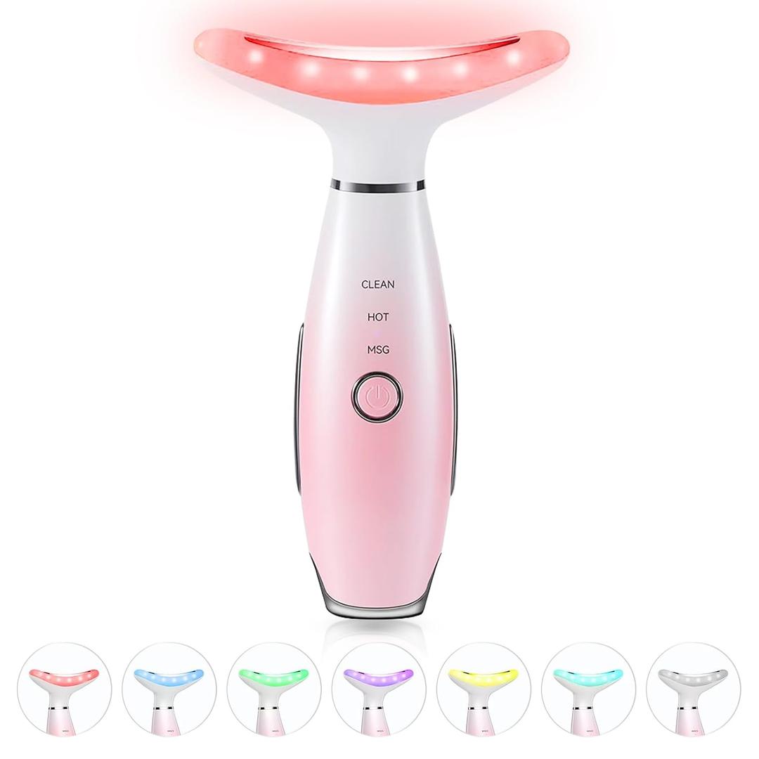 7 Color Neck Face Massager - Facial Massager Tool for Skin Care at Home, Vibrating Face Massager with Thermals, Pink