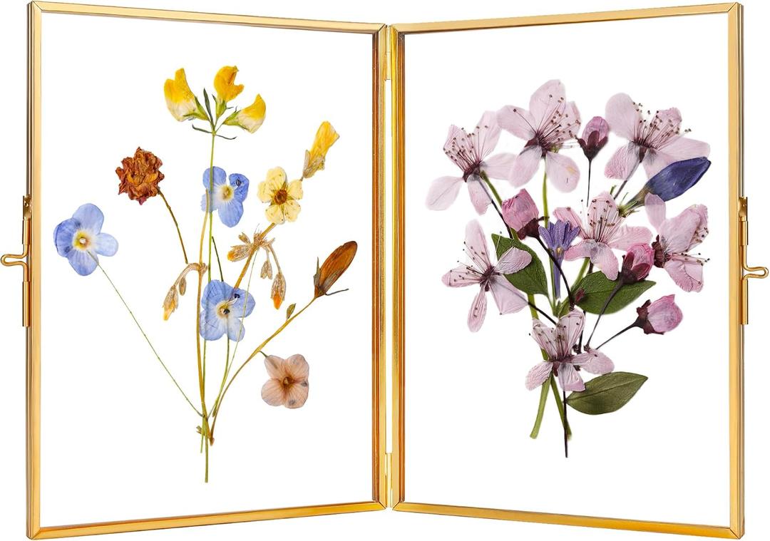 REDHUGO Glass Pressed Flower Frame Handmade, Hinged Double Press Flower Frame, Tabletop Brass Photo Frames, Rectangle Dried Flowers Display Folding Frames for Home, Gold,57 Inches
