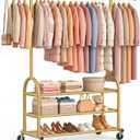 Heavy Duty Clothes Rack for Hanging Clothes Load 688 LBS, Height Adjustable Rolling Clothing Racks, Portable Metal Coat Rack Garment Wardrobe with Wheels and 3 Shelves for Bedroom, Gold