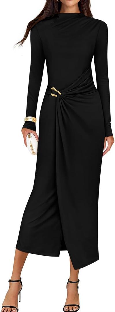 ZESICA Women's 2026 Spring Long Sleeve Bodycon Dress Mock Neck Wedding Guest Cocktail Party Long Midi Dresses (Black, Small)