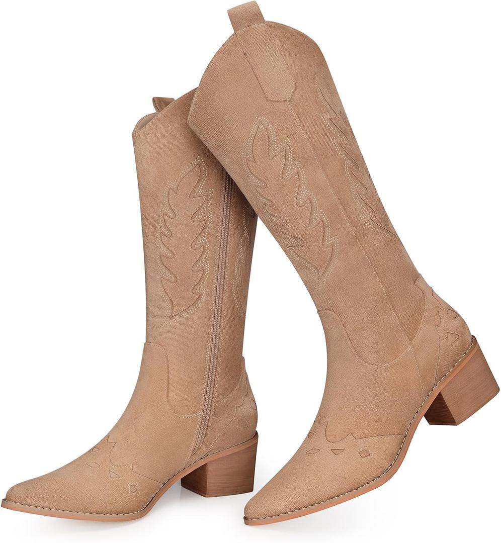 SHIBEVER Suede Knee High Cowboy Boots for Women Comfortable Tall Cowgirl Boots Zipper Low Heel Fall Winter Western Booties (8, 2679-khaki)