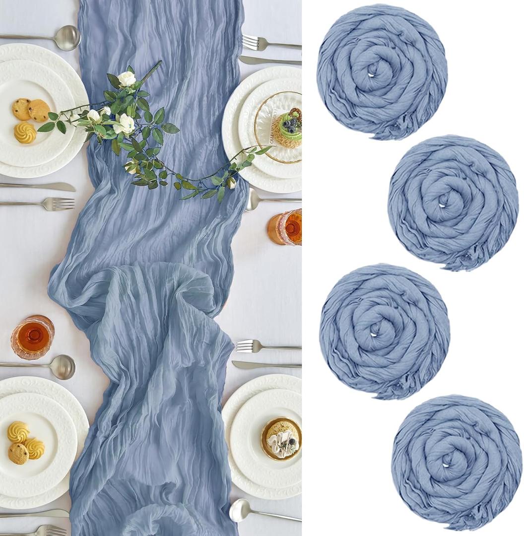 IVAPUPU 4 Pcs Cheesecloth Table Runner - 10ft Dusty Blue Spring Boho Gauze Cheese Cloth Table Runners for Baby Shower Decoration Wedding Party Garden Farmhouse