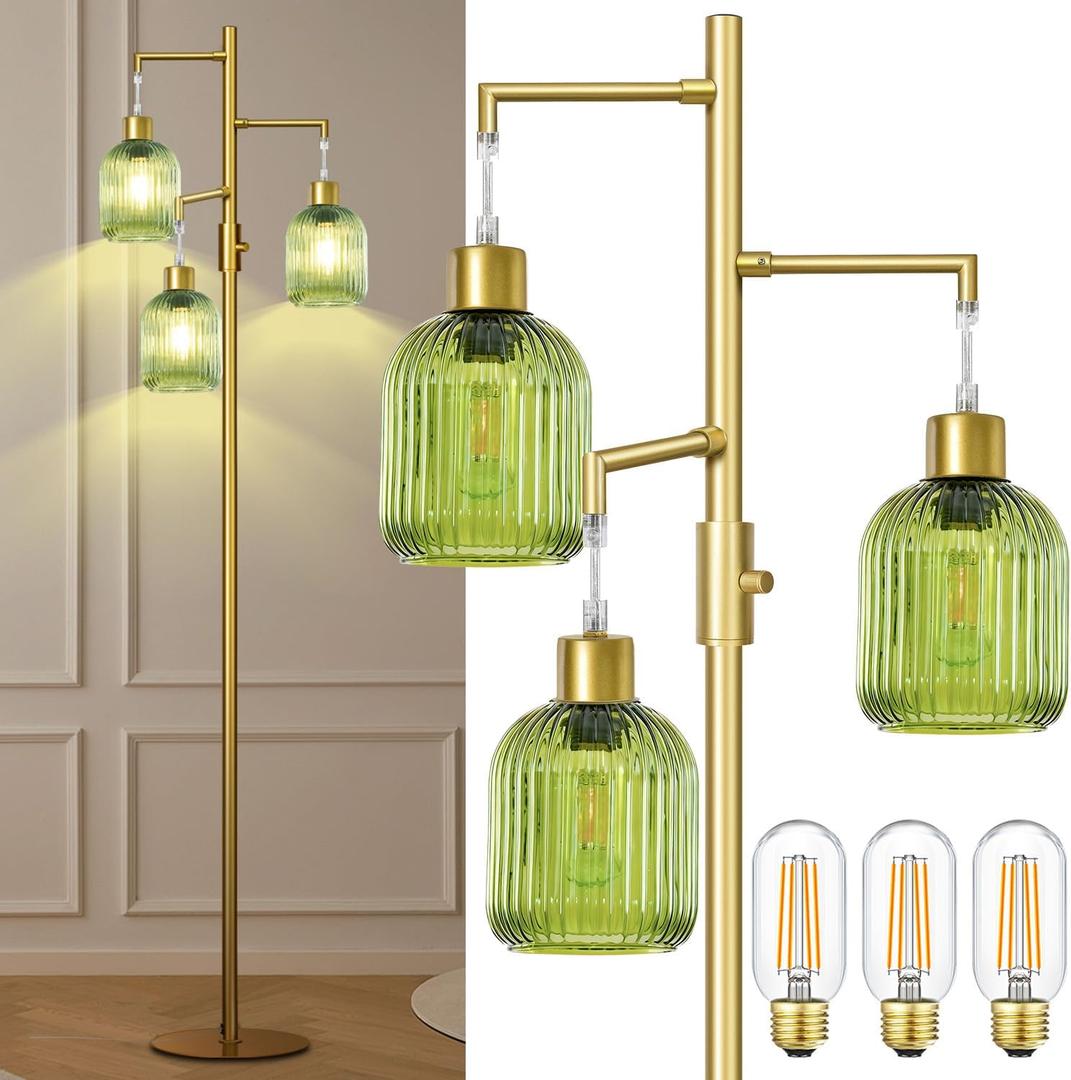 Modern Floor Lamps for Living Room, Glass Standing Lamp with Green Shade, Dimmable Ribbed Glass 3 Lights Floor Lamps, Mid Century Tall Lamp for Bedroom, 3 Bulbs Included