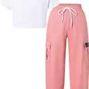 Betusline Girls 2 Piece Summer Outfits,Kids Casual Short Sleeve Crop Top & Cargo Jogger Pants Sets,4T-14Y