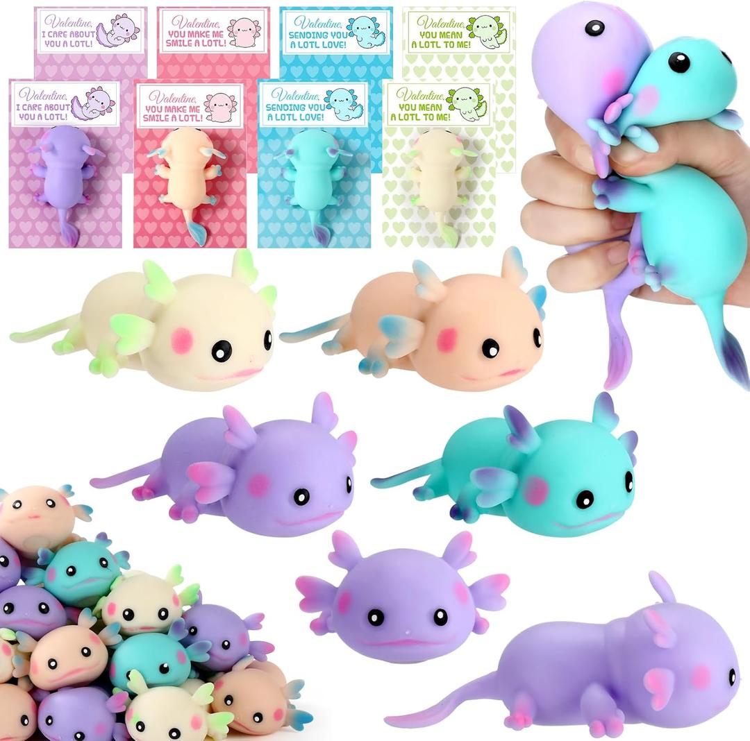 24 Pcs Axolotl Sensory Fidget Toys - Stress Relief Squeeze Animal Toys Bulk for Kids Adults, Birthday Valentines Office Gift, Stocking Stuffer & Party Favors, 4 Colors