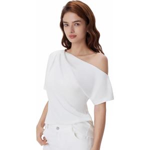 SUUKSESS Off the Shoulder Tops for Women Short Sleeve Asymmetrical Top Trendy Summer Going Out T-Shirts (White, M)