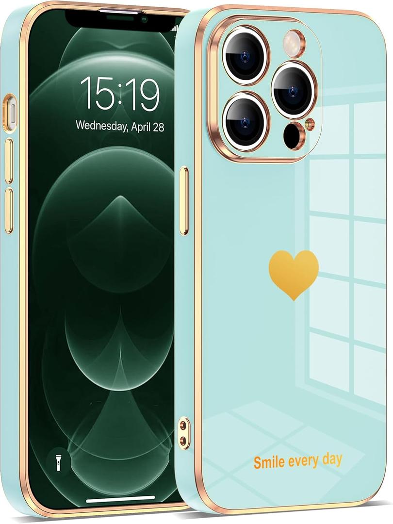 Compatible with iPhone 12 Pro Max Case for Women Girls, Luxury Fashion Plating Edge & Cute Love Heart Soft TPU Shockproof Protection Phone Case for iPhone 12 Pro Max 6.7 Inches,Mint Green