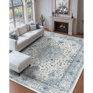 Area Rugs 9'x12' Washable Non-Slip, Floral Vintage Distress Print Pattern Medallion Carpet for Living Room Bedroom Dining Room, Light Blue Navy Beige Gray White