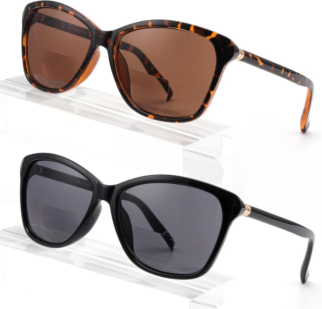 Premium Bifocal Reading Sunglasses for Women, Retro Cateye Sun Readers UV400 Protection, Classic Shades Black & Tortoise (1 Black & 1 Tortoise, 1.25)
