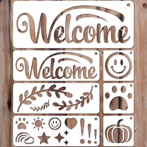 YKW Welcome Sign Stencils Set - 7 Reusable Smiley Paw Templates - Up to 14x5 - Welcome Words, Leaves, Pumpkin - for Porch, Door, Wood, Fabric - DIY Home Decor,Translucent and Soft