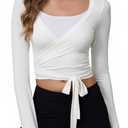 Women's Pilates Wrap Tops V-Neck Cross Tie Long Sleeve Shirt for Ballet Dance Yoga Workout (White, XS)