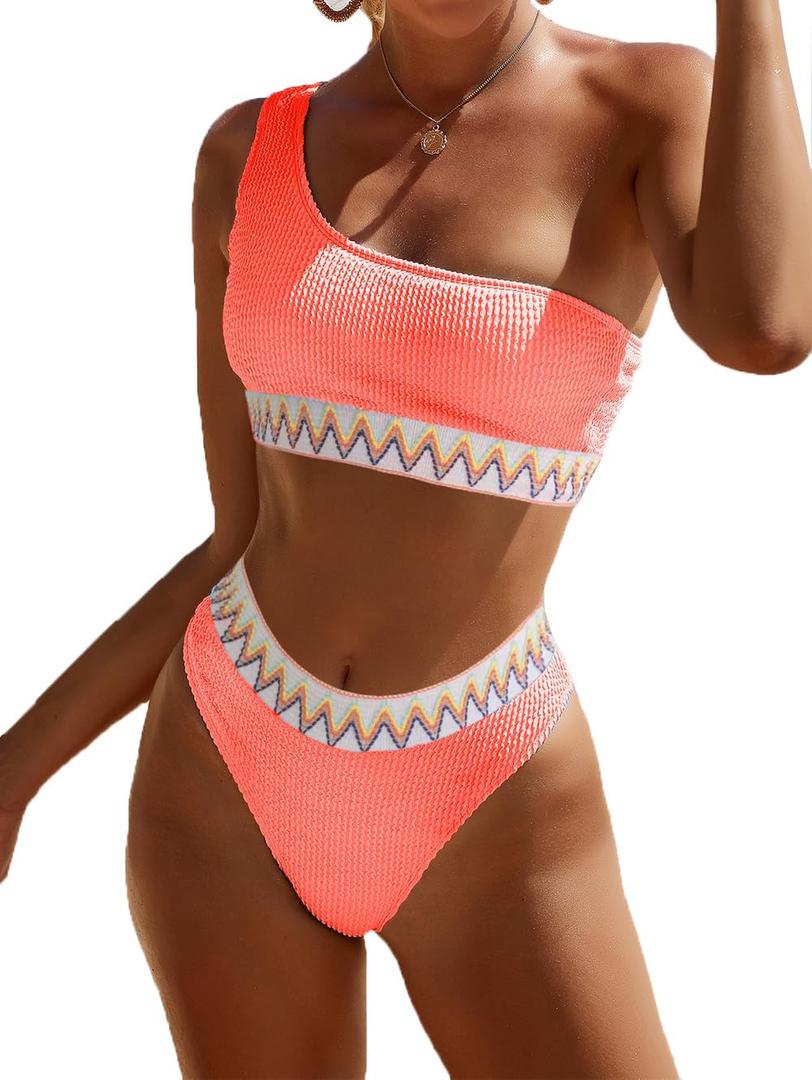 YIMISAN Women's Ribbed Bikini Sets One Shoulder Top with Mid Waist Two Piece Bathing Suit (Coral Pink1) S