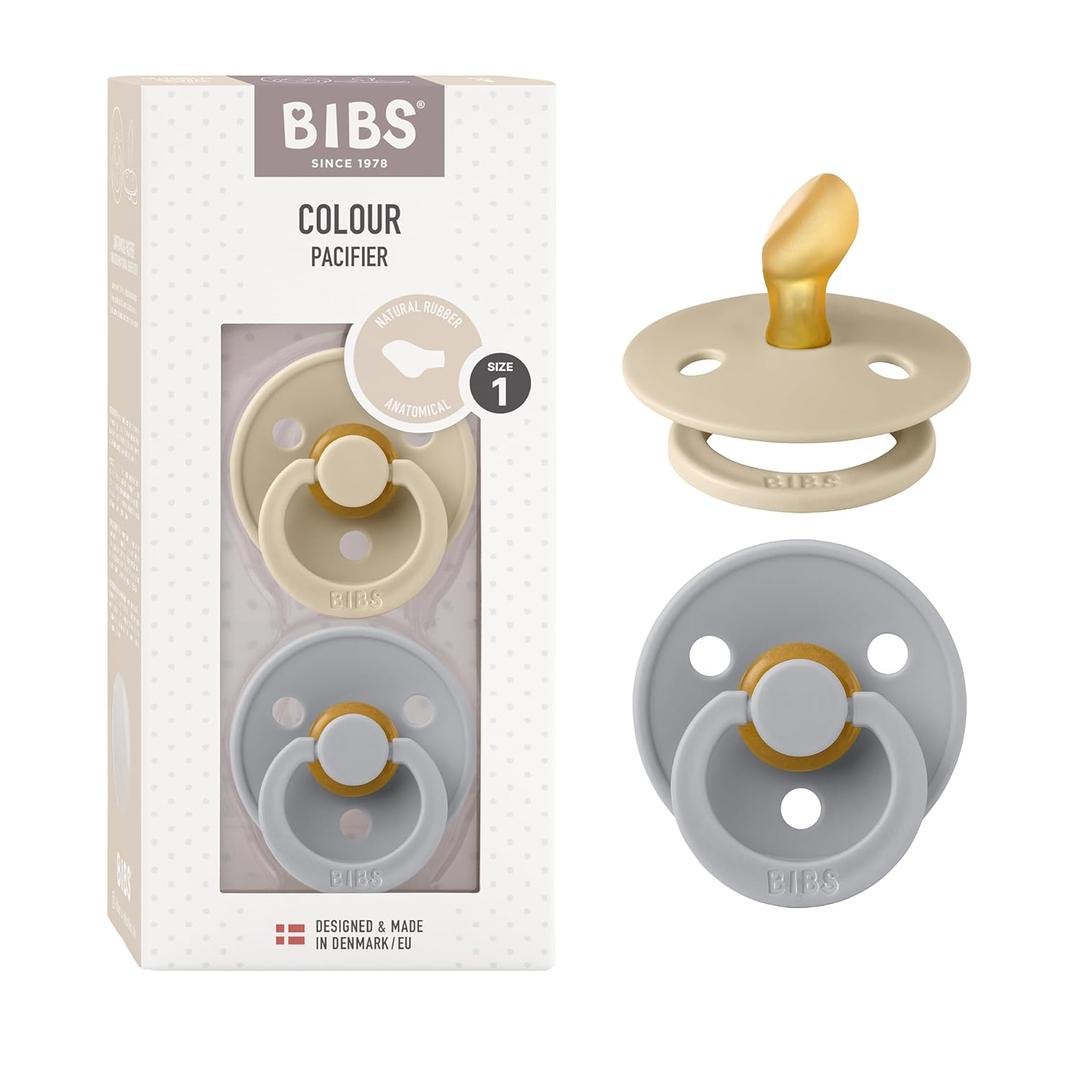 BIBS Pacifiers - Set of 2 | Colour Pacifier with Anatomical Nipple | BPA-Free Natural Rubber | Made in Denmark | Vanilla/Cloud, 0-6 Months