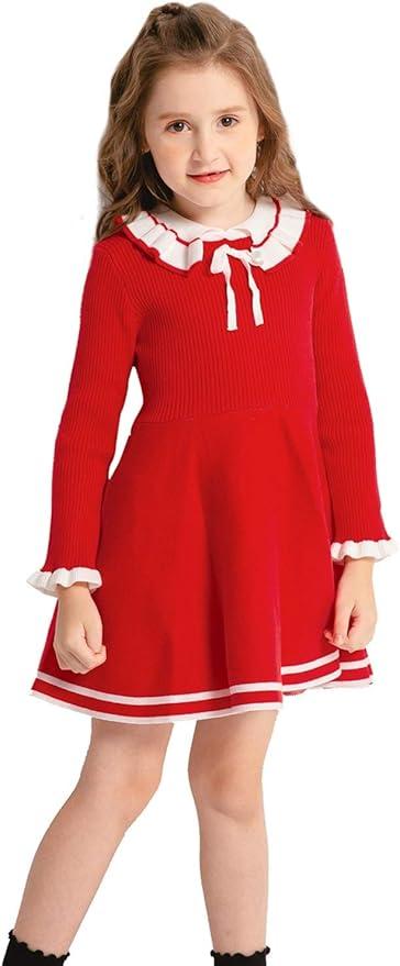SMILING PINKER Toddler Girls Dresses Sweater Long Sleeve Winter Knitted Skater Dress Ruffle Collar, Size 130