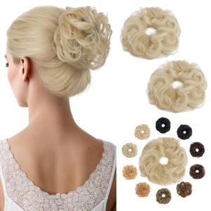 Hairro Human Hair Messy Bun, 100% Real Ponytail Hair Scrunchies, Natural Curly Chignon Fluffy Donut Updo, Hairpiece with Elastic Rubber Band for Women, 2 Count Bleach Blonde Wavy