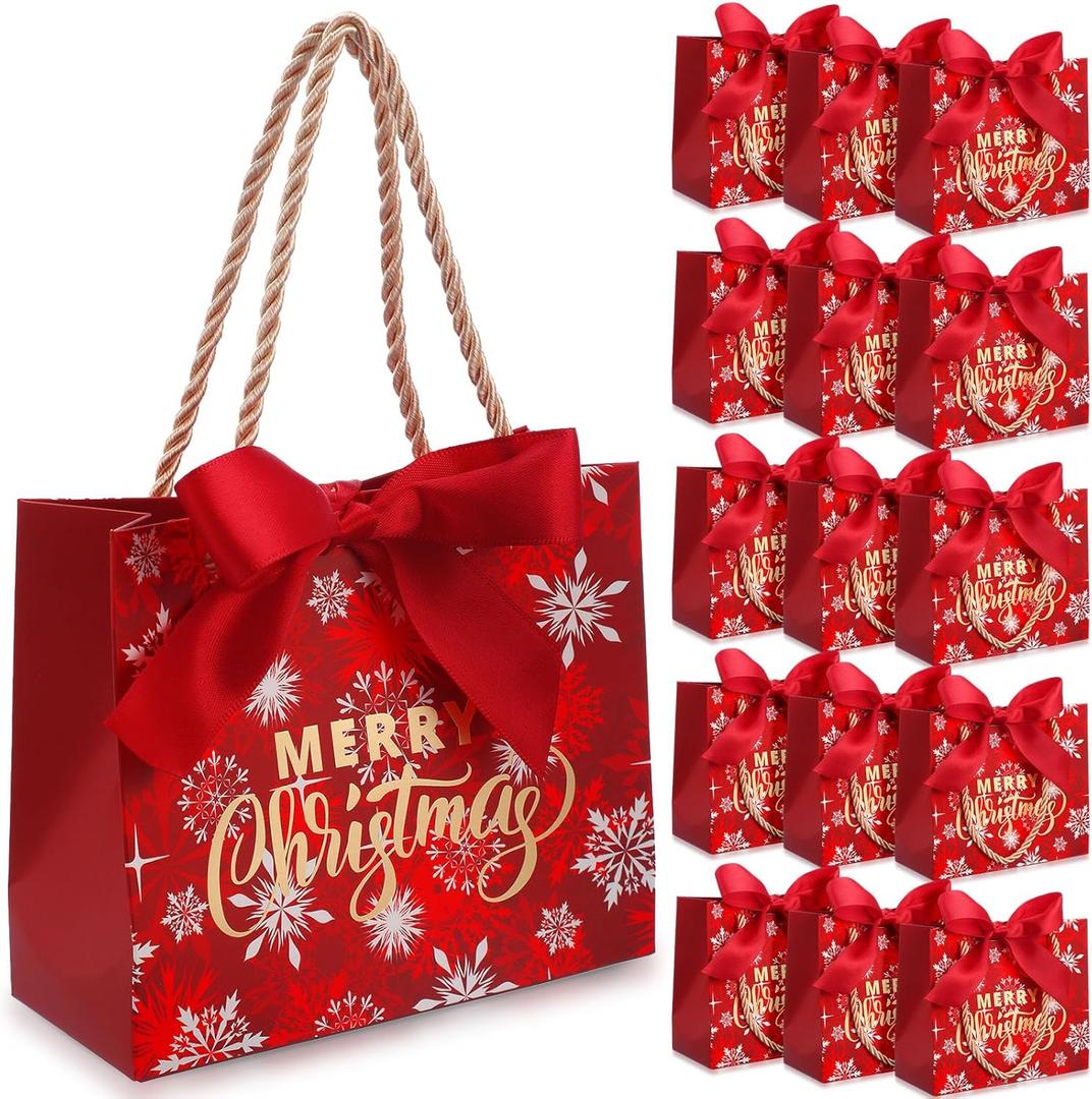 Moinchore 40 Pack Small Christmas Bags with Handles Christmas Goodie Gift Bags with Ribbon 5.5 x 2.4 x 4.7 Inches Xmas Candy Goodies Mini sack(Snowflake) (Snowflake)
