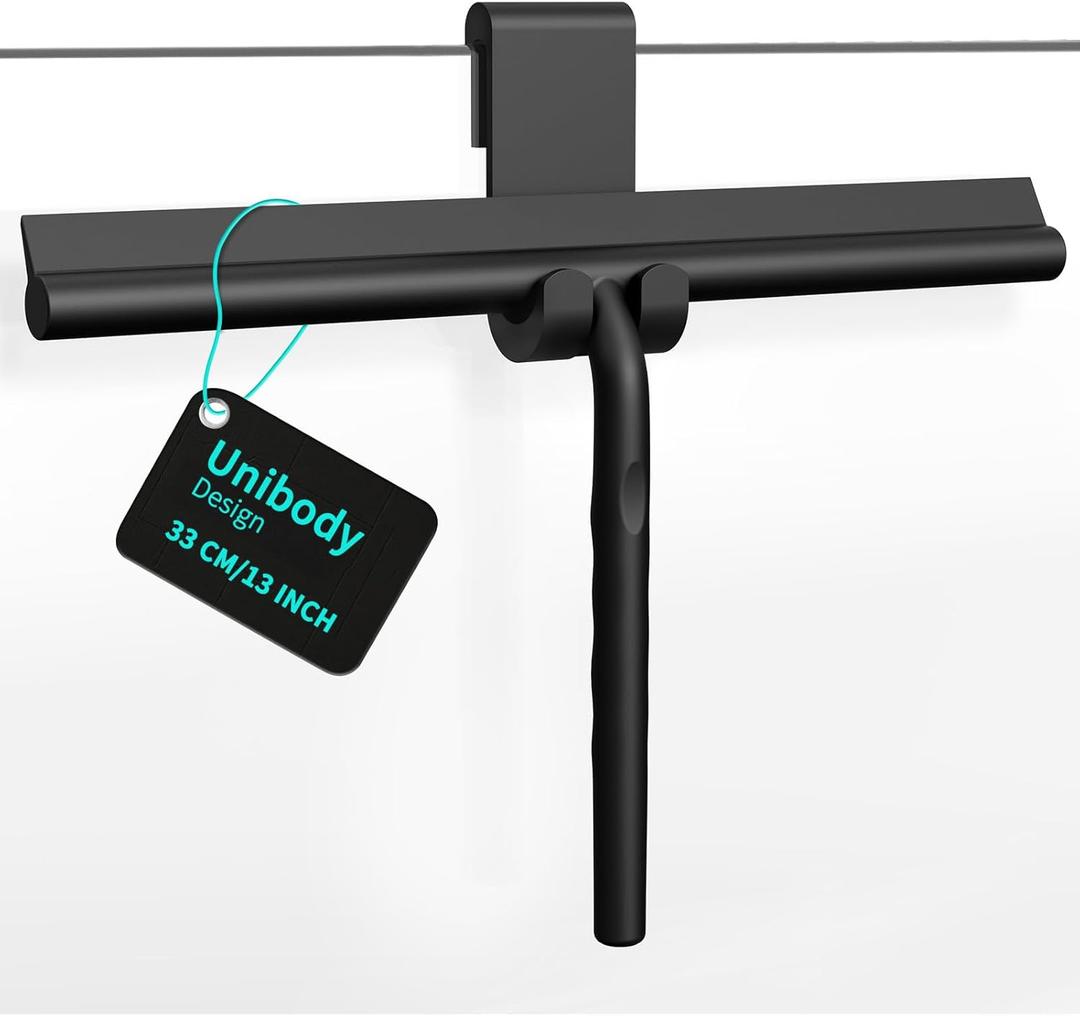 ecooe Silicone Shower Squeegee with Hanger, 13/33cm Shower Glass Cleaner Wiper, Black Window Squeegee Scraper with Stainless Steel Core for Home Bathroom Kitchen Car Glass Doors