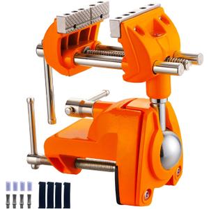 Bench Vise, 360 Swiveling Articulating Vise, Clamp-On Vise for Workbench, Cast Steel Table Clamp Vise, Pipe Vise, Bench Vice for Woodworking, DIY, Drilling, Sawing, Metal Working, Orange