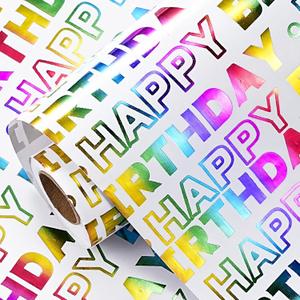 LeZakaa Birthday Wrapping Paper Roll, Happy Birthday Lettering Colorful Holographic Foil Design for Baby Shower, Holiday Party Gift Wrap, Mini Roll, 17in x 16.4Ft
