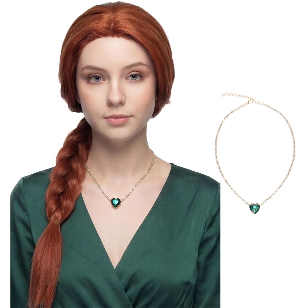 Yan Dream Princess Long Auburn Braided Wig and Necklace Halloween Cosplay Party Wig (Small head)