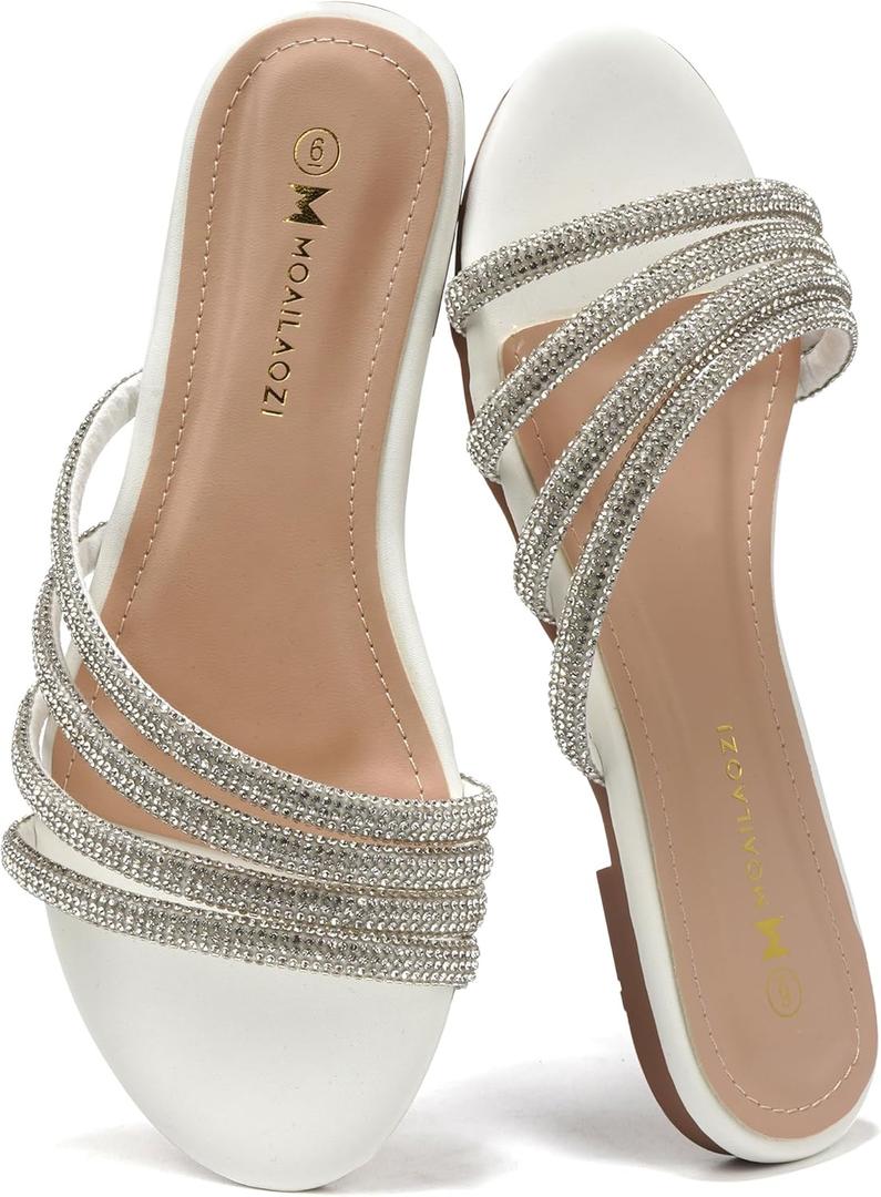 Women's Sandals Rhinestone Strappy Slides With Soft Memory Foam Insole, Dressy Open Toe Beach Slippers Flats for Summer (8, White)