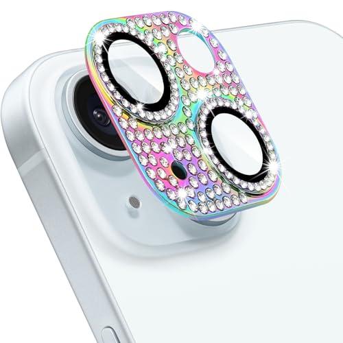 Hsefo Compatible with iPhone 15 and iPhone 15 Plus Camera Lens Protector, Bling 3D Rhinestone Sparkle Diamond 9H Tempered Glass Camera Cover Anti Scratch Shockproof Lens Screen Full Protective Cover,