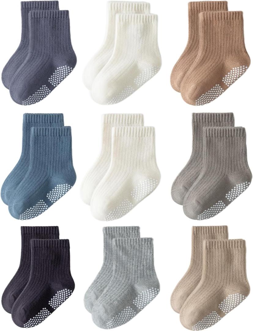 Toddler Grip Socks Non Slip Crew Socks Cute Seamless Cotton Socks for Baby Boys Girls Infants Kids 9 Pairs (3-5T, Multicolor)