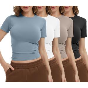 Dalavch 4 Pack Women's Workout Shirts Compression Short Sleeve Crew Neck Running Yoga Gym Athletic Fitted Crop T-Shirts Top M