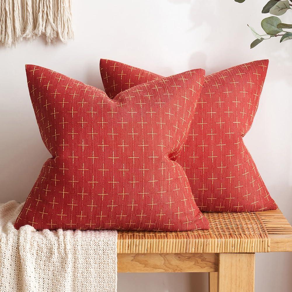 MIULEE Pack of 2 Christmas Decorative Burlap Linen Throw Pillow Covers Modern Farmhouse Pillowcase Rustic Woven Textured Cushion Cover for Sofa Couch Bed 16x16 Inch Christmas Red
