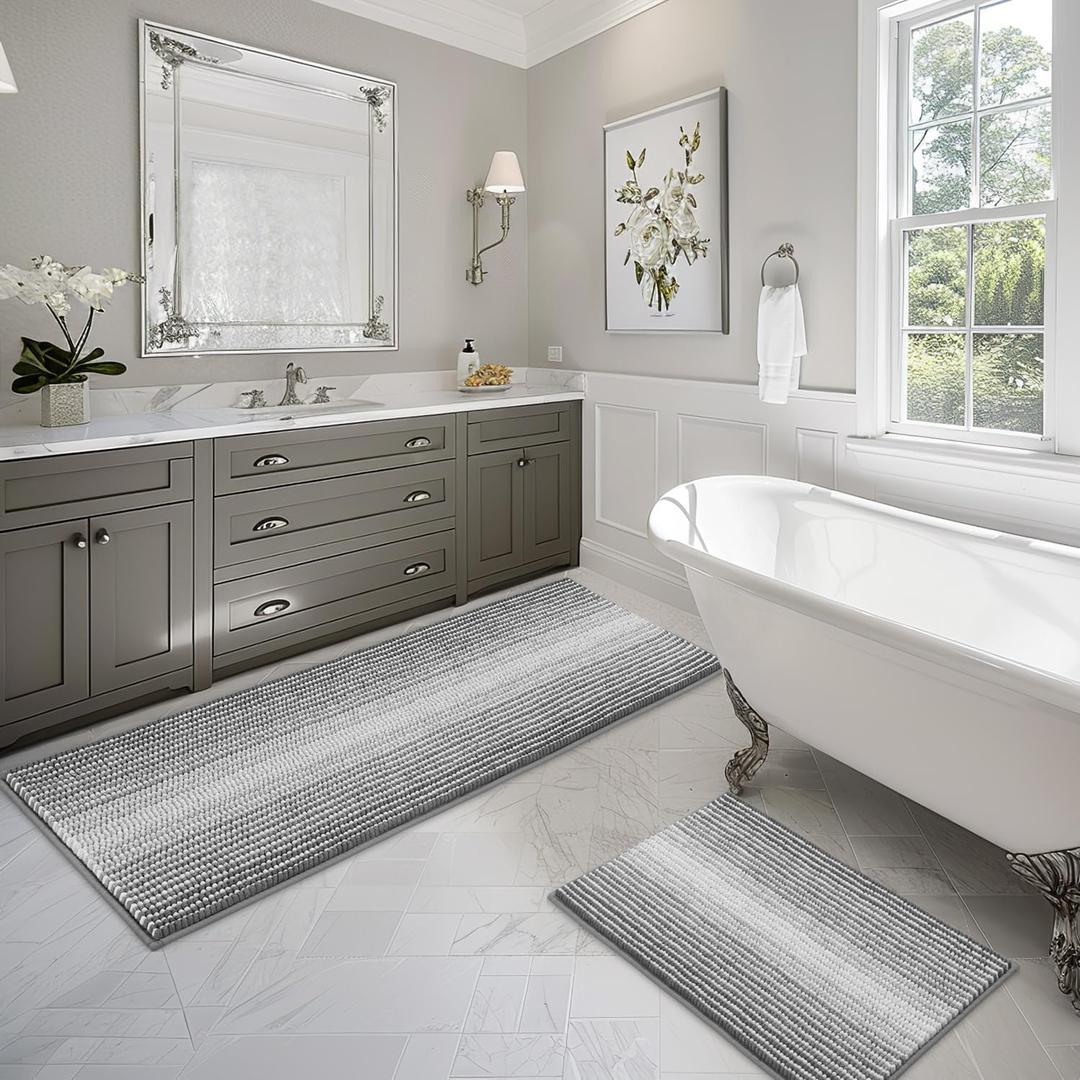 BSICPRO Bathroom Rugs and Mats Sets, 2 Piece Thick Absorbent Chenille Bath Mat Rug Set Non Slip, Soft Shaggy Bath Room Floor Mats for Bathroom, Machine Washable (Gray, 24" x 70" Plus 20" x 32")