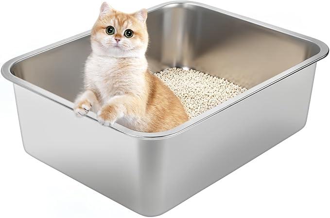 Stainless Steel Cat Litter Box for Large Cats - 17.5"x13.6"x6.1" High-Sided Metal Tray, Anti-Splash & Odor Resistant, Durable Rustproof Design, Easy to Clean 2Pcs
