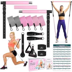 Pilates Bar Kit with Resistance Bands, Multifunctional Yoga Pilates Bar with Heavy-Duty Metal Adjustment Buckle, Portable Home Gym Pilates Resistance Bar Kit for Women Full Body Workouts (Pink(20/25/30lbs))