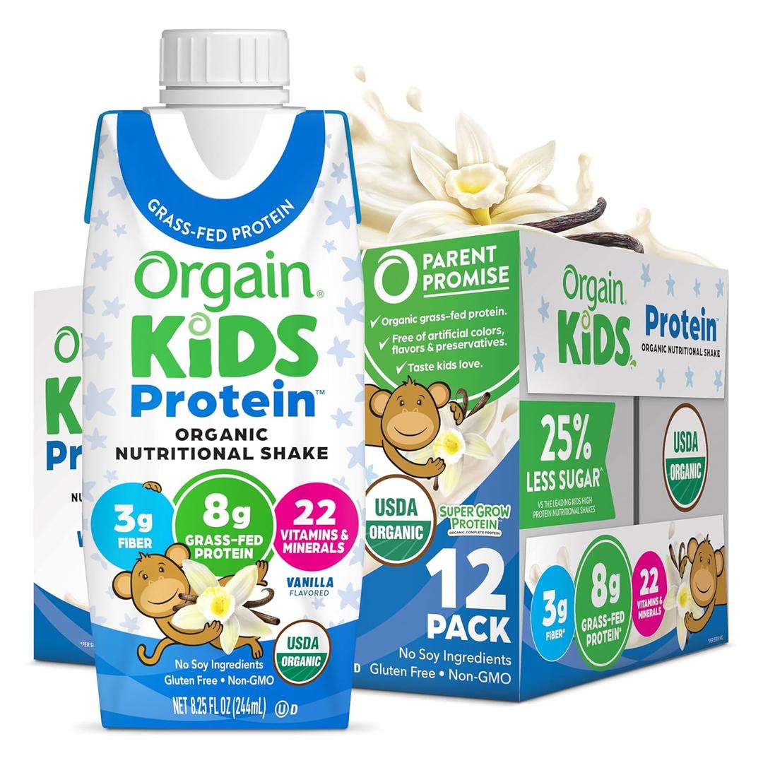 Orgain Organic Kids Nutritional Protein Shake, Vanilla, Healthy Kids Snacks, 8g Dairy Protein, 3g Fiber, 22 Vitamins & Minerals, No Soy ingredients, Gluten Free, Non-GMO, 8.25 Fl Oz (Pack of 12) BB 03JUN26