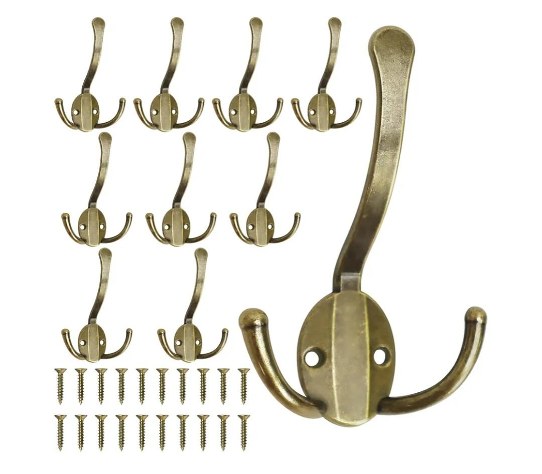 10 Pack Coat Hooks Heavy Duty, Metal Three Prongs Large Coat Hooks Wall Mounted with 20 Screws, No Rust Antique Brass Rustic Wall Hooks for Hanging Towel, Coat, Scarf, Bag, Hat, Cup, Key, missing 3
