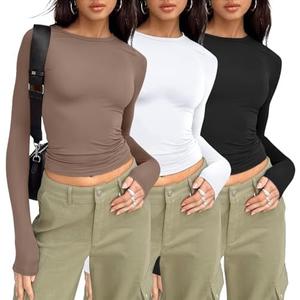 AUTOMET 3-Pack Women's Long Sleeve Crop Tops - Basic Fitted T-Shirts Set, Small