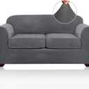PrinceDeco Velvet Couch Cover Loveseat Covers for 2 Cushion Couch 3 Piece Sofa Covers for Dogs Washable Loveseat Covers Width Up to 72 Inch No Slip Stretch Sofa Slipcover (Medium, Grey)