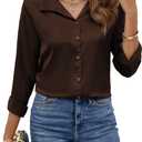CBOO Women Elegant Satin Blouses Shirts, Soft Silk Shirts Top, Satin Button Down Shirts, Office Long Sleeve Blouse Shirt (X-Large, V29 Brown)