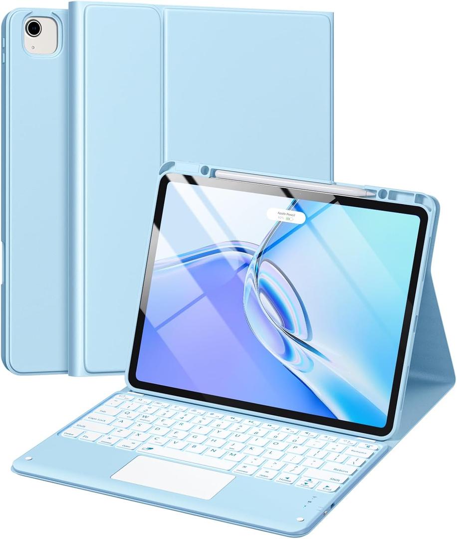 Harvopu for iPad Air 13 inch & Pro 12.9 Case with Keyboard - Multi-Touch Trackpad, 7 Colors Backlit, Detachable Folio Keyboard Cover for iPad Pro 12.9 (6th, 5th, 4th, 3rd gen), Air 13 M3/M2 (Sky Blue)