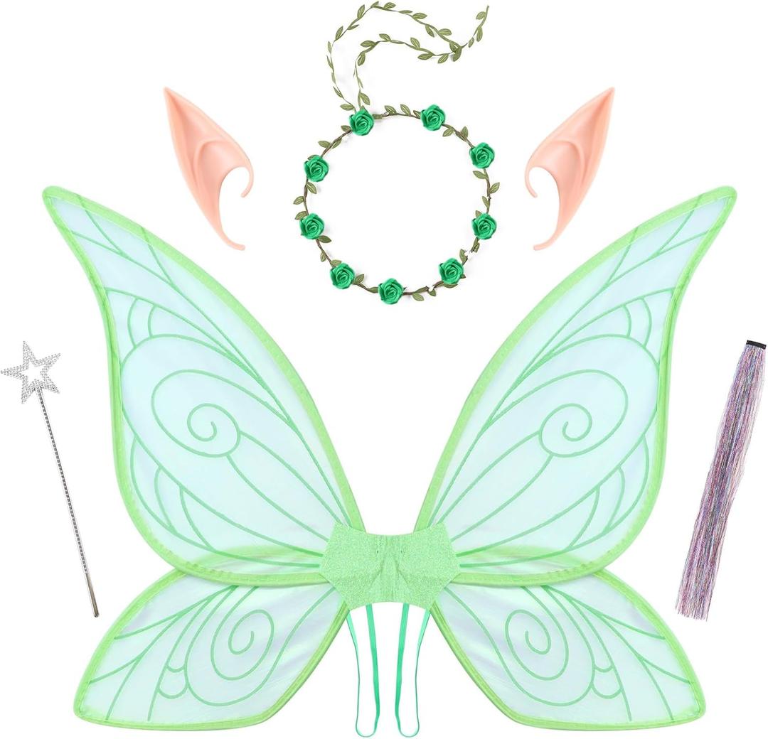 PESAAT Fairy Wings for Adult Sparkling Sheer Girls Butterfly Wings with Fairy Hair Tinsel,Elf Ears,Flower Garland,Wand (Green)