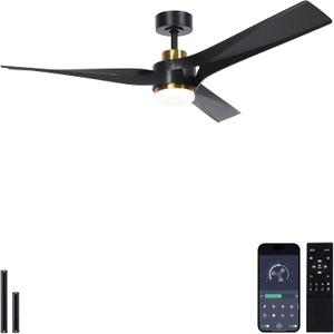 56" Ceiling Fan with Lights, DC Motor, App Control, Black Gold | Bluetooth app and remote, Dimmable LED memory, 7500 CFM high airflow, Quiet pure copper motor, Sloped ceiling compatible