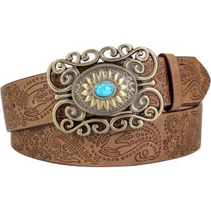 Ayliss Women Western PU Leather Belt Vintage Country Belts Concho With Turquoise Buckle Cowgirl Jeans Dresses Floral Engraved (for 27-36'' waist, Brown)