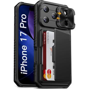 Vihibii for iPhone 17 Pro Case Wallet with Card Holder (4 Cards) [RFID Blocking] & Slide Camera Cover, Military Grade Drop Protection, Rugged Hard Back & Silicone Edge Phone Case 6.3" 5G 2025, Black
