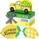 Yalikop 5 Pcs Lemon Centerpieces for Table Lemon Kitchen Decor Rustic Summer Tiered Tray Decor Yellow Wooden Fruit Sign Decorative Book Stack with Twine for Home Wall Kitchen Office Desk Shelf Mantel, 5.31 x 3.54 x 3.15 inches