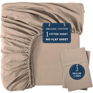 LANE LINEN 100% Organic Cotton Fitted Sheet Queen (+Pillowcases), Soft & Comfy Breathable Naturally Cooling Low Pill Oeko Tex Certified Queen Deep Pocket 15" - Taupe