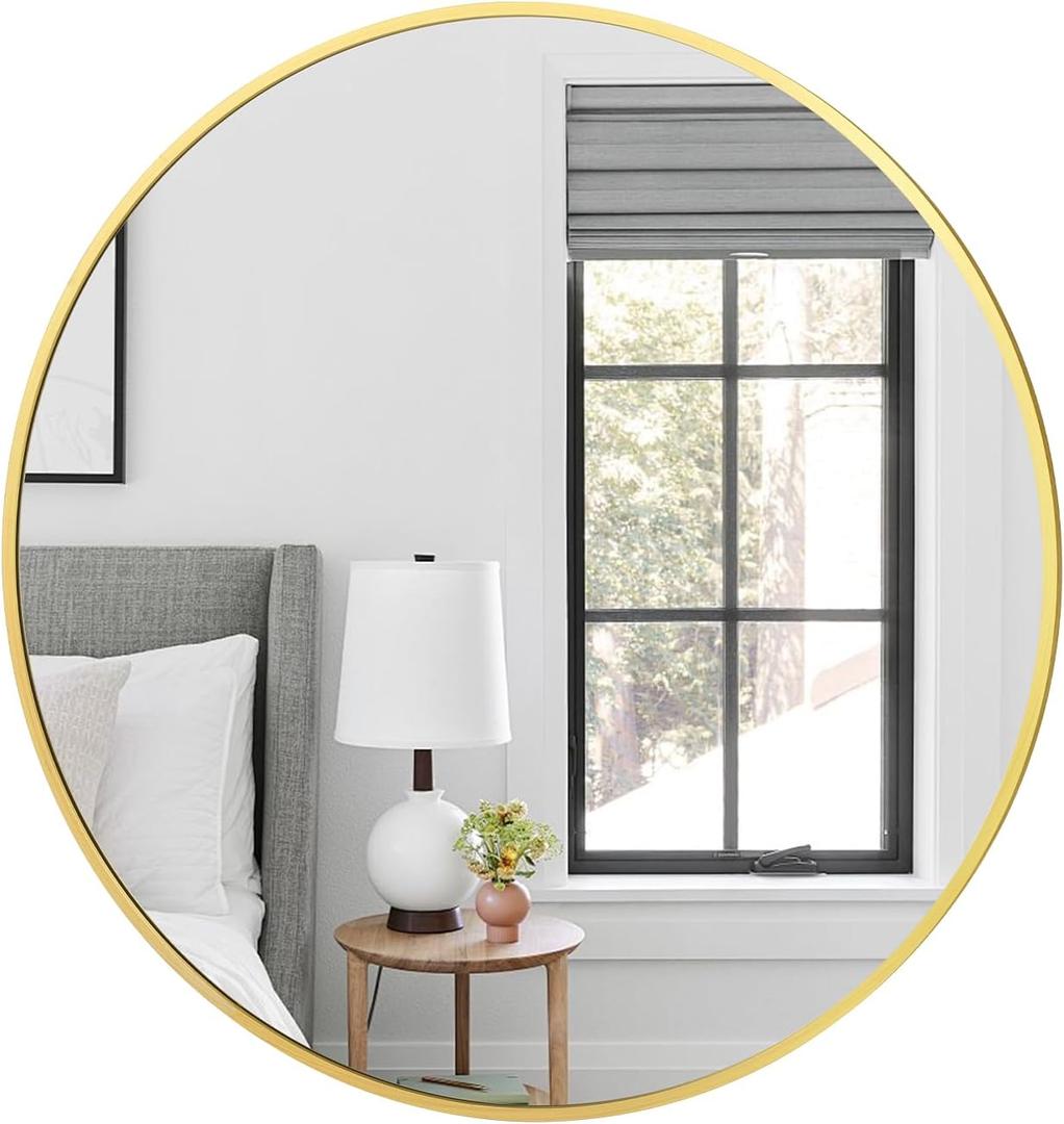 28" Round Gold Wall Mirror, Modern Style, Shatterproof Tempered Glass, Wall Mounted, Perfect for Bathroom, Bedroom, Living Room