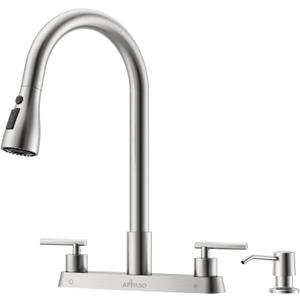 APPASO 2 Handle Kitchen Faucet with Sprayer, 4-Hole Kitchen Faucet with Pull Down Sprayer and Soap Dispenser, High Arc Stainless for 3 & 4 Hole RV Outdoor Sink, Brushed Nickel