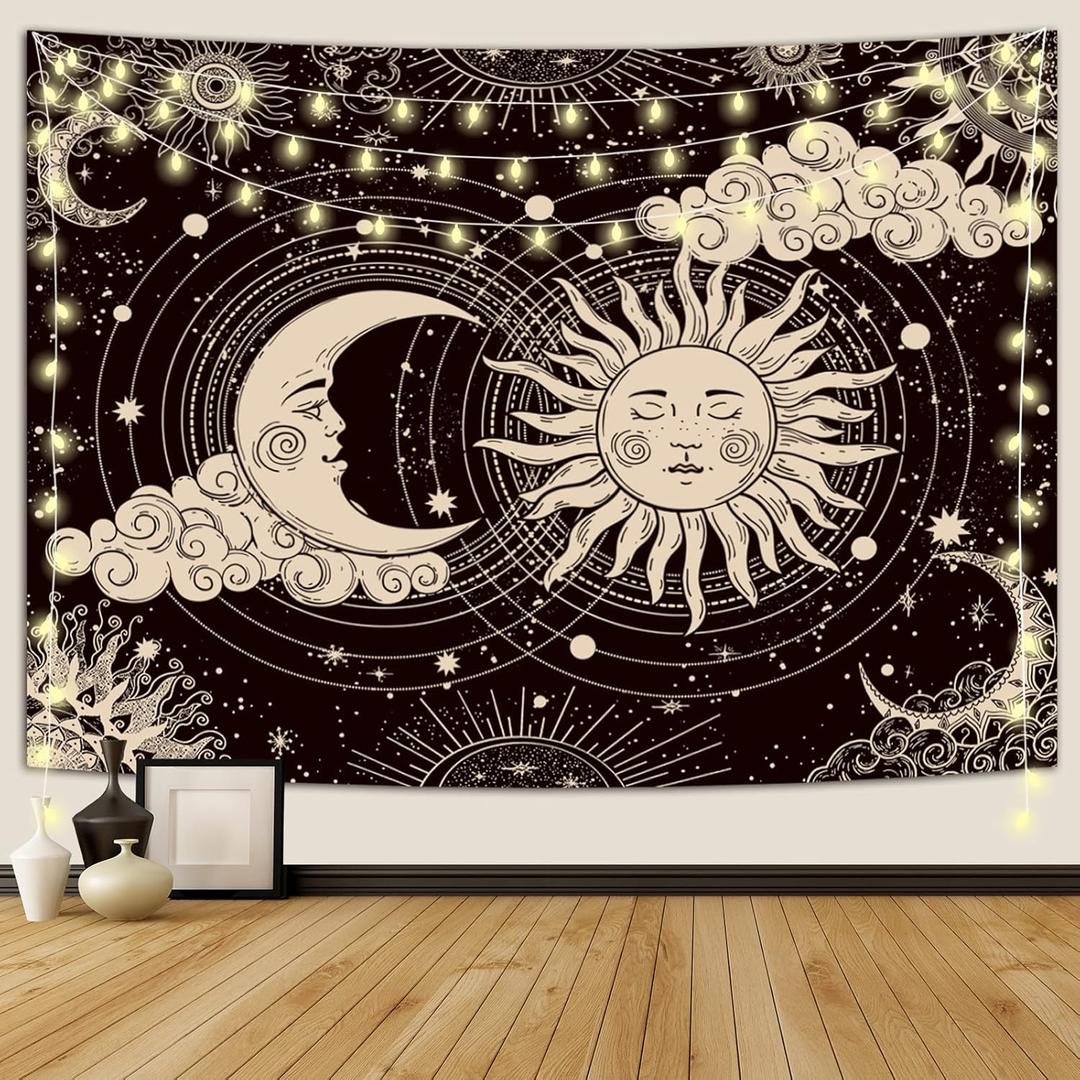 Wonrizon Sun and Moon Tapestry, Aesthetic Black Dark Spiritual Tapestries Mystic Burning Sun with Clouds Star Wall Hanging decor for Bedroom (70.9" x 94.5")