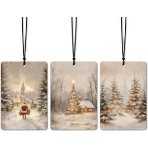 Christmas Car Air Freshener 3 Pcs, Vintage Winter Xmas Books Santa Cabin Pine Tree Forest Hanging Air Freshener for Cars Closet Drawer Books, Christmas Car Accessories for Women Men